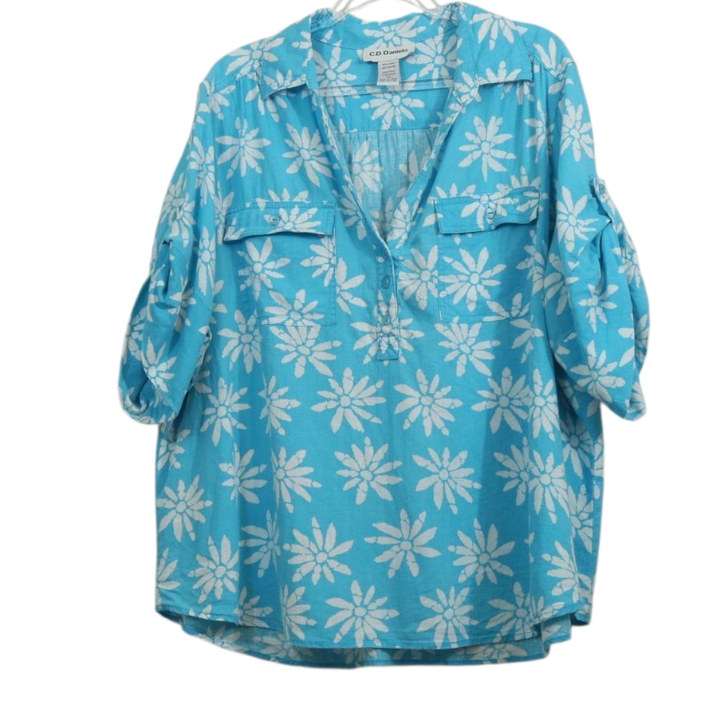 C.D. Daniels Linen Blend Turquoise Floral Hawaiian Print Top